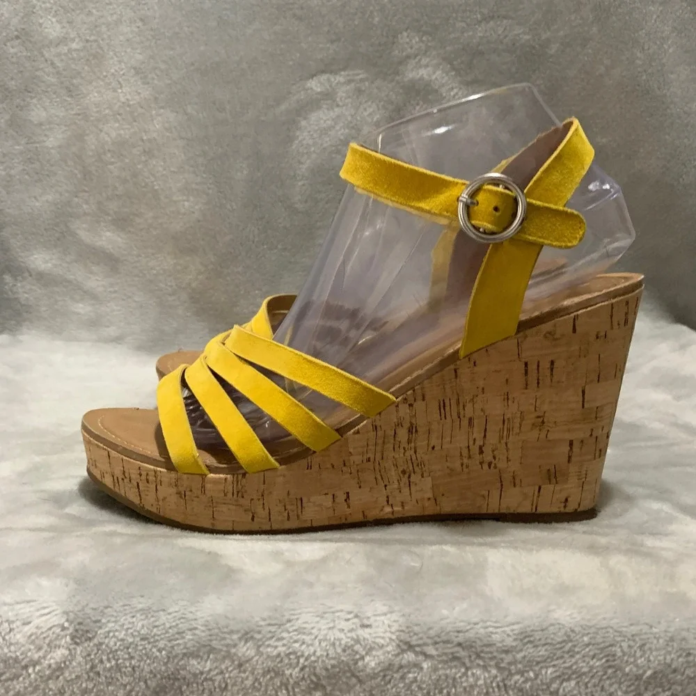 Franco Sarto Crisania Yellow Suede Cork Wedge Sandals Womens 9 Platform Strappy